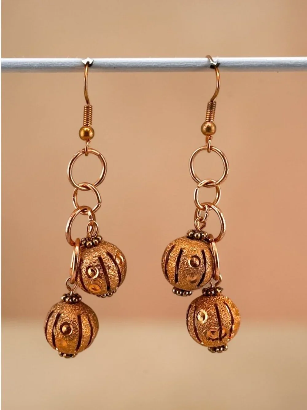 Vintage Copper Tone Beaded Dangle Earrings Artisan Boho Copper Ear Wires 2 1/4